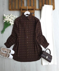 LOBG KENDİNDEN DESENLİ SALAŞ GÖMLEK TUNİK 5708-37-KAHVE - 1