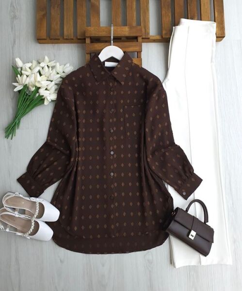 LOBG KENDİNDEN DESENLİ SALAŞ GÖMLEK TUNİK 5708-37-KAHVE - 1