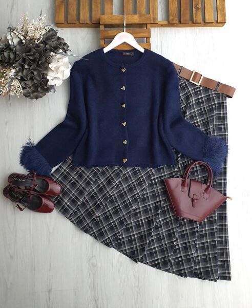 LOBGE KOL UCU KÜRKLÜ YUMOŞ HIRKA 8171-12-LACİVERT - 1