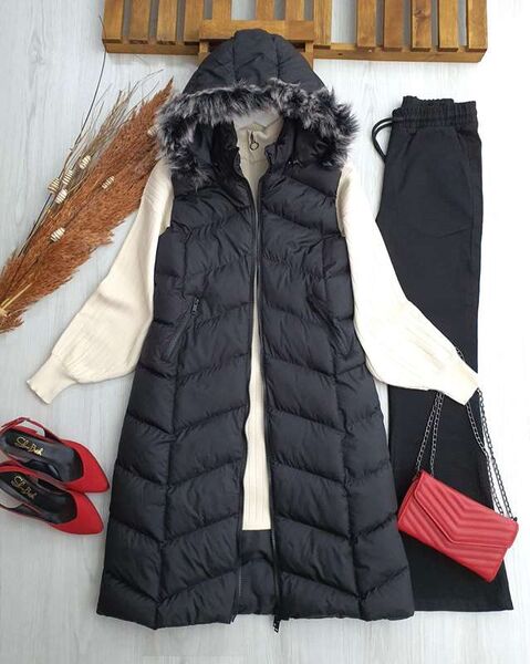 LOES ÇIKARILABİLİR KÜRK KAPŞONLU ŞİŞME YELEK C1-C2-3176-01-SİYAH - 1