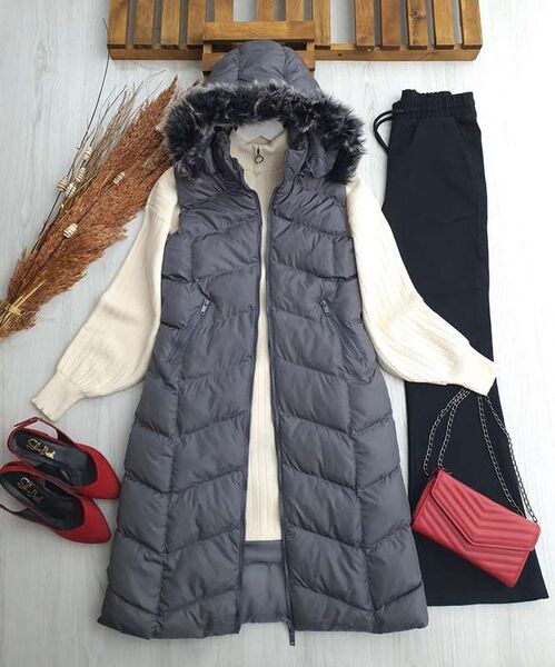 LOES ÇIKARILABİLİR KÜRK KAPŞONLU ŞİŞME YELEK C1-C2-3176-26-GRİ - 1