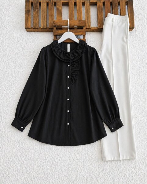 LOES YAKA FIRFIRLI GÖMLEK TUNİK B5-2-5687-01-SİYAH - 1