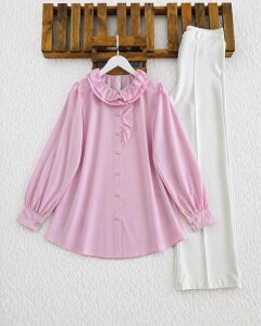 LOES YAKA FIRFIRLI GÖMLEK TUNİK B5-2-5687-05-PUDRA 