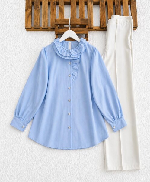 LOES YAKA FIRFIRLI GÖMLEK TUNİK B5-2-5687-10-MAVİ - 1