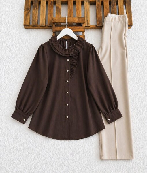 LOES YAKA FIRFIRLI GÖMLEK TUNİK B5-2-5687-37-KAHVE - 1