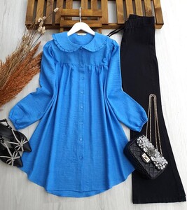 LOFE BEBE YAKA SALAŞ KETEN TUNİK C4-5315-10-MAVİ - 