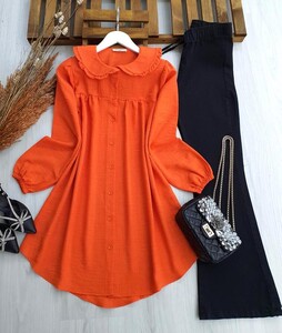 LOFE BEBE YAKA SALAŞ KETEN TUNİK C4-5315-15-ORANJ - 