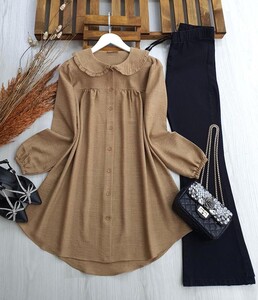 LOFE BEBE YAKA SALAŞ KETEN TUNİK C4--5315-48-BİSKÜVİ - 