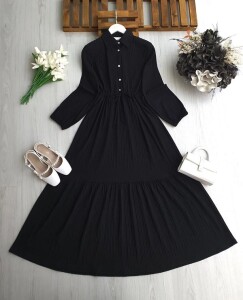 LOHF YARIM DÜĞMELİ BELİ BAĞCIKLI ELBİSE 2423-01-SİYAH - 1