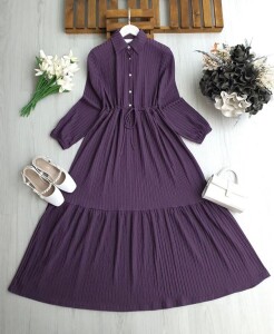 LOHF YARIM DÜĞMELİ BELİ BAĞCIKLI ELBİSE 2423-02-MOR - 1