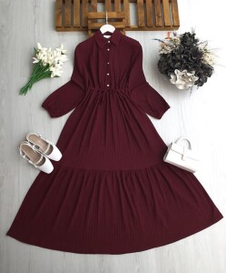 LOHF YARIM DÜĞMELİ BELİ BAĞCIKLI ELBİSE 2423-04-BORDO - 1