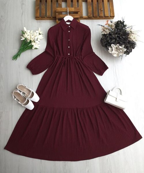 LOHF YARIM DÜĞMELİ BELİ BAĞCIKLI ELBİSE 2423-04-BORDO - 1