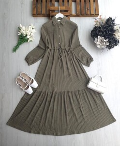 LOHF YARIM DÜĞMELİ BELİ BAĞCIKLI ELBİSE 2423-09-HAKİ - 1