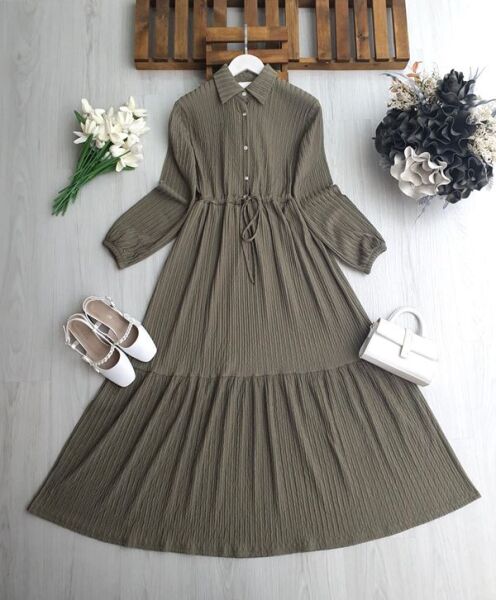 LOHF YARIM DÜĞMELİ BELİ BAĞCIKLI ELBİSE 2423-09-HAKİ - 1