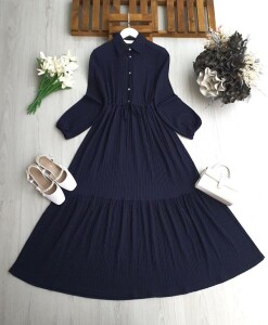 LOHF YARIM DÜĞMELİ BELİ BAĞCIKLI ELBİSE 2423-12-LACİVERT - 1