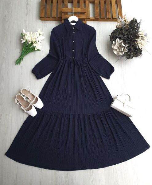 LOHF YARIM DÜĞMELİ BELİ BAĞCIKLI ELBİSE 2423-12-LACİVERT - 1