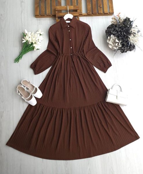 LOHF YARIM DÜĞMELİ BELİ BAĞCIKLI ELBİSE 2423-37-KAHVE - 1