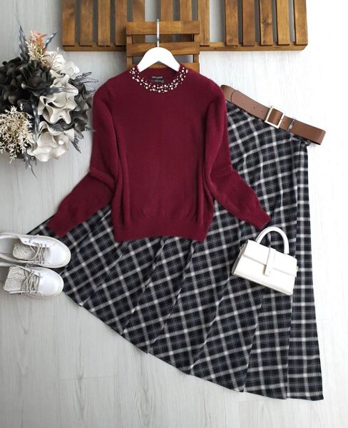 LOLHE YAKA TAŞLI YUMOŞ KAZAK 8188-04-BORDO - 1