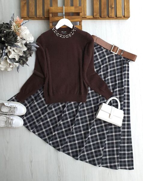 LOLHE YAKA TAŞLI YUMOŞ KAZAK 8188-37-KAHVE - 1