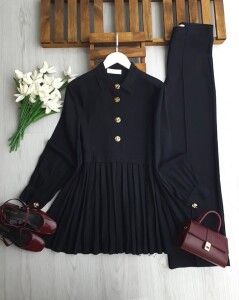 LOMOZ PİLİSELİ YARIM DÜĞMELİ KETEN TUNİK B4-4-5698-01-SİYAH - 