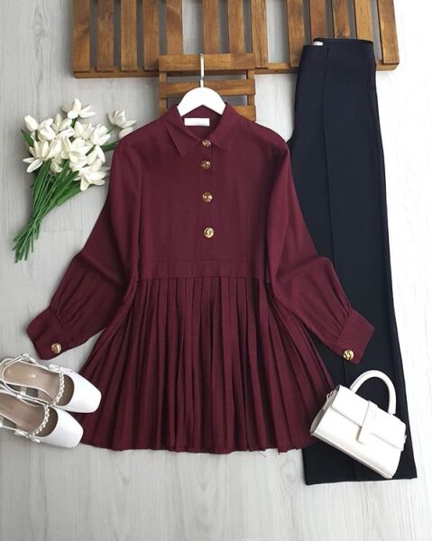 LOMOZ PİLİSELİ YARIM DÜĞMELİ KETEN TUNİK B4-4-5698-04-BORDO - 1