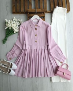 LOMOZ PİLİSELİ YARIM DÜĞMELİ KETEN TUNİK B4-4-5698-05-PUDRA - 