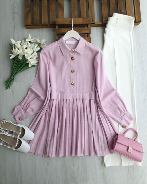 LOMOZ PİLİSELİ YARIM DÜĞMELİ KETEN TUNİK B4-4-5698-05-PUDRA - 1