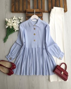 LOMOZ PİLİSELİ YARIM DÜĞMELİ KETEN TUNİK B4-4-5698-10-MAVİ - 