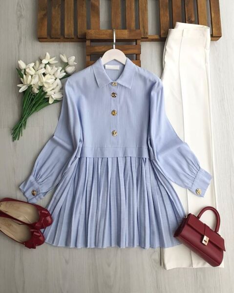 LOMOZ PİLİSELİ YARIM DÜĞMELİ KETEN TUNİK B4-4-5698-10-MAVİ - 1