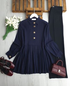 LOMOZ PİLİSELİ YARIM DÜĞMELİ KETEN TUNİK B4-4-5698-12-LACİVERT - 1