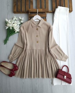 LOMOZ PİLİSELİ YARIM DÜĞMELİ KETEN TUNİK B4-4-5698-34-BEJ - 1