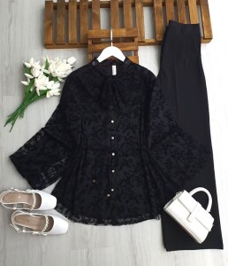 LONE YAKA BAĞLAMALI FLOK BASKILI ASTARLI TÜL GÖMLEK TUNİK 5688-01-SİYAH - 