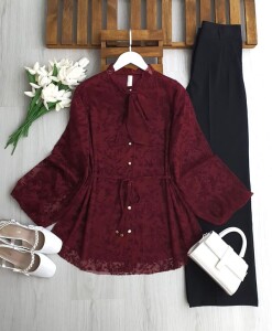 LONE YAKA BAĞLAMALI FLOK BASKILI ASTARLI TÜL GÖMLEK TUNİK 5688-04-BORDO - 