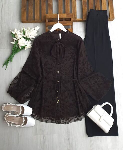 LONE YAKA BAĞLAMALI FLOK BASKILI ASTARLI TÜL GÖMLEK TUNİK A6-4-5688-37-KAHVE - 1