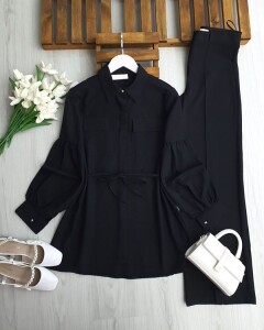 LONEH ÇİFT CEP GİZLİ PATLI GÖMLEK TUNİK B4-2-5666-01-SİYAH - 1