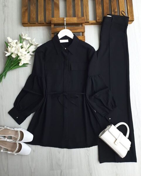 LONEH ÇİFT CEP GİZLİ PATLI GÖMLEK TUNİK B4-2-5666-01-SİYAH - 1