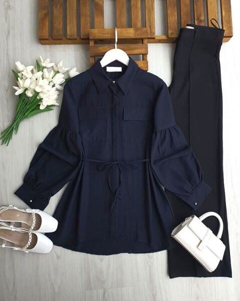 LONEH ÇİFT CEP GİZLİ PATLI GÖMLEK TUNİK B4-2-5666-12-LACİVERT - 1