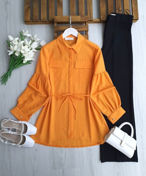 LONEH ÇİFT CEP GİZLİ PATLI GÖMLEK TUNİK B4-2-5666-15-ORANJ - 1