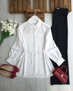 LONEH ÇİFT CEP GİZLİ PATLI GÖMLEK TUNİK B4-2-5666-20-BEYAZ - 1