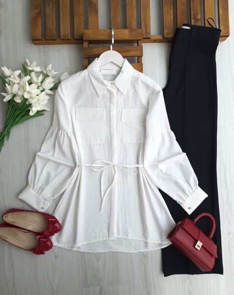 LONEH ÇİFT CEP GİZLİ PATLI GÖMLEK TUNİK B4-2-5666-20-BEYAZ - 1