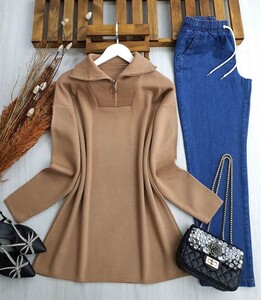 LONESA YARIM FERMUARLI TRİKO TUNİK A8-4-8083-48-BİSKÜVİ - 