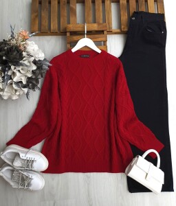 LONİS SAÇ ÖRGÜ SALAŞ KAZAK 8189-03-KIRMIZI - 