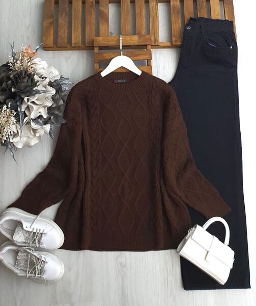 LONİS SAÇ ÖRGÜ SALAŞ KAZAK 8189-37-KAHVE - 1