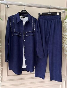 LOSY TAŞLI KAT KAT KETEN İKİLİ TAKIM -1521-12-LACİVERT - 