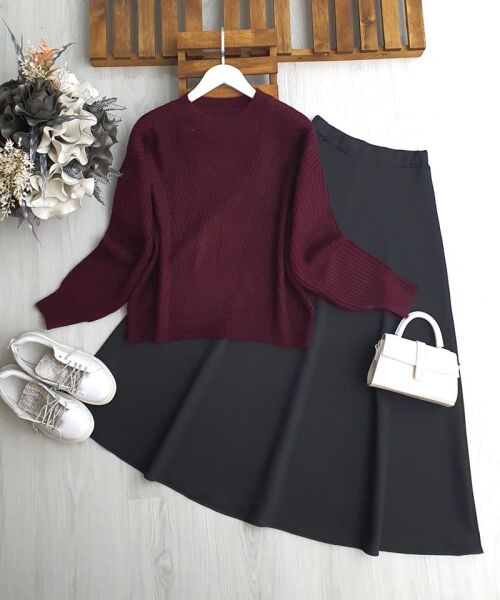 LOVDE ÇAPRAZ ÇİZGİ DESENLİ YUMOŞ KAZAK 8181-04-BORDO - 1