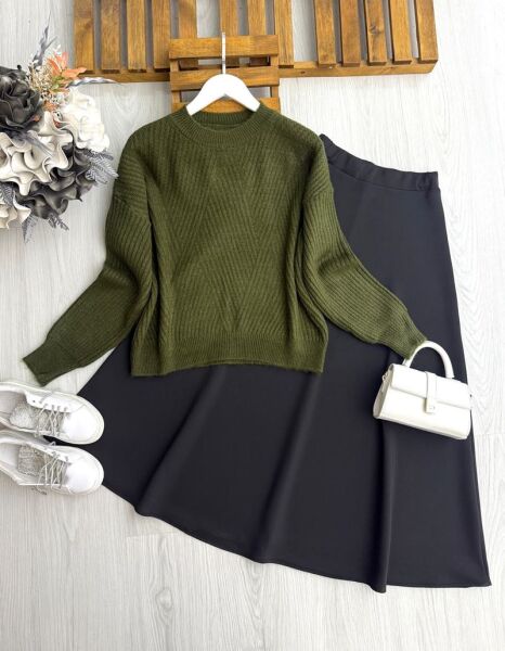 LOVDE ÇAPRAZ ÇİZGİ DESENLİ YUMOŞ KAZAK 8181-09-HAKİ - 1