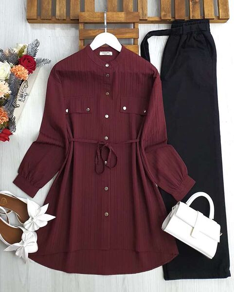 LOVGE METAL DÜĞMELİ BELİ İPLİ TUNİK A8-1-5521-04-BORDO - 1