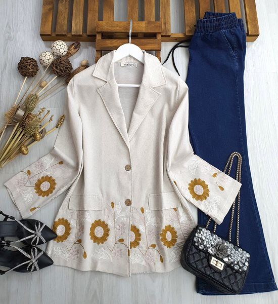 LOYS NAKIŞLI KETEN CEKET D1-23350-49-EKRU - 1