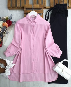 LOYZA ÇİZGİLİ OVERSİZE GÖMLEK 5513-47-PEMBE - 