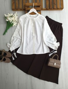 LQWE NAKIŞLI PÜSKÜL BAĞCIKLI BALON KOL ÖNÜ GÜPÜRLÜ GÖMLEK 5727-20-BEYAZ - 